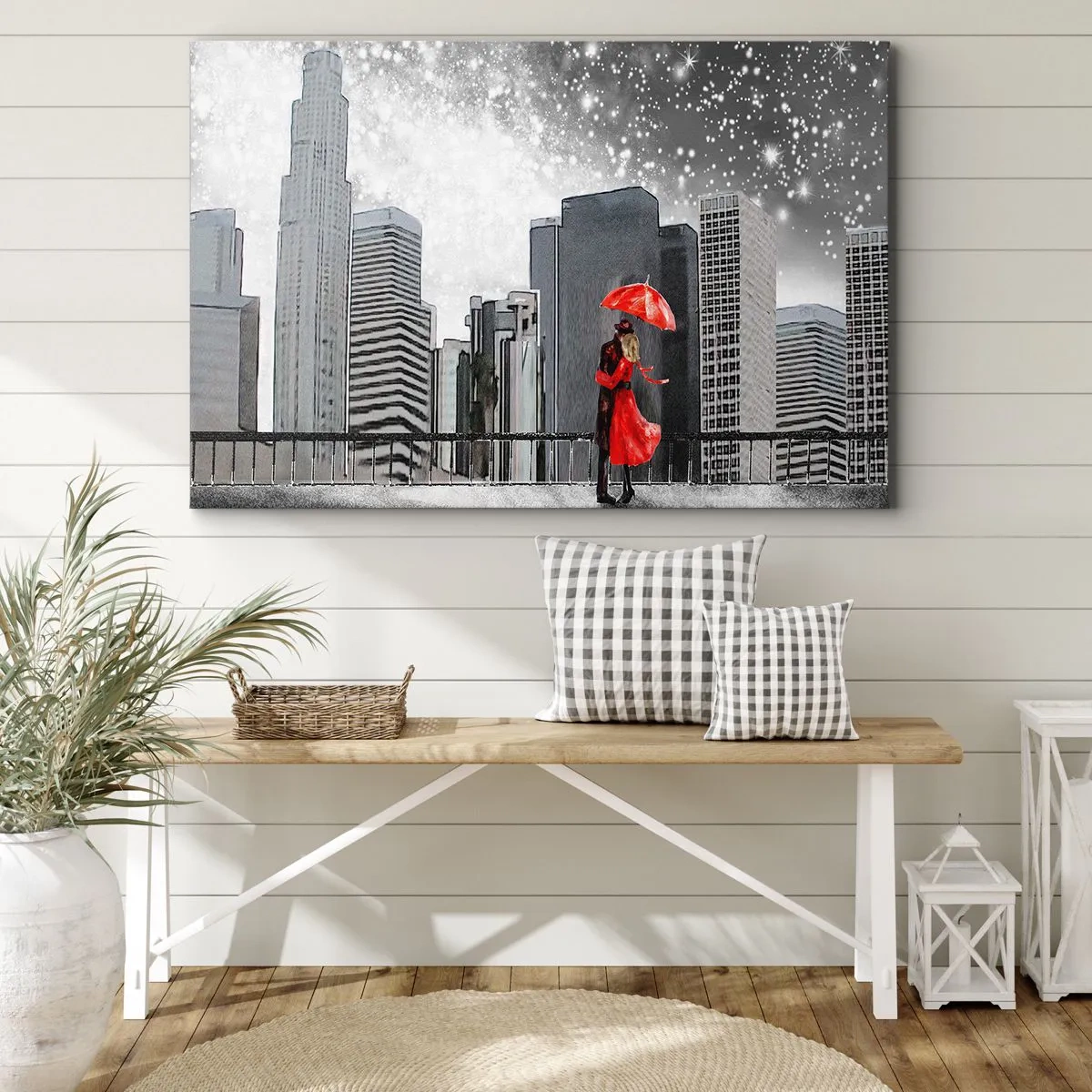 Impression sur toile - Image sur toile - Un couple en rouge avec un parapluie sur fond de paysage urbain - 120x80cm - L'homme n'est pas une pierre - Décoration murale moderne pour le salon et la chambre ARTTOR