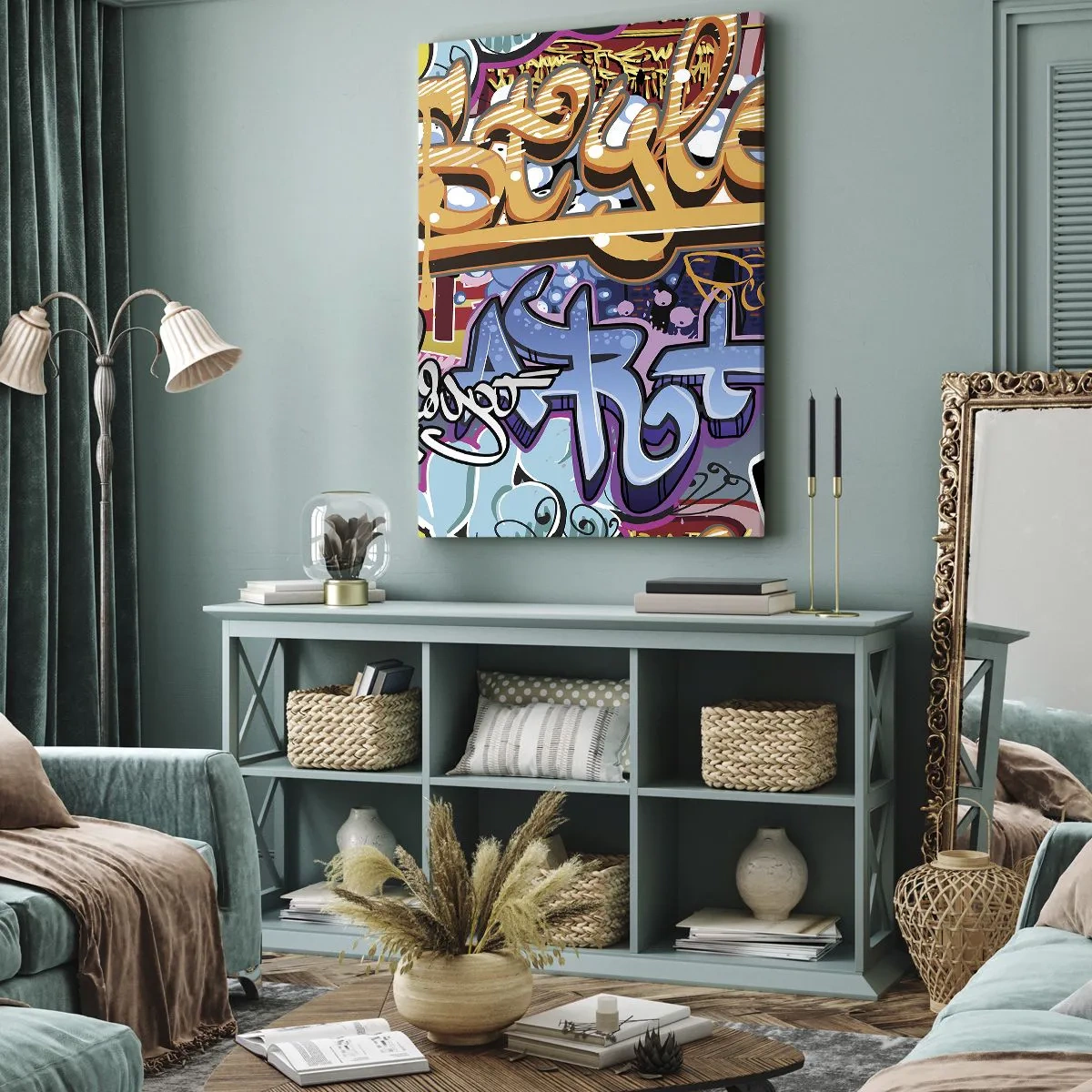Impression sur toile - Image sur toile - Graffitis colorés avec inscriptions et illustrations dynamiques - 50x70cm - Fresques, fresques, fresques… - Décoration murale moderne pour le salon et la chambre ARTTOR