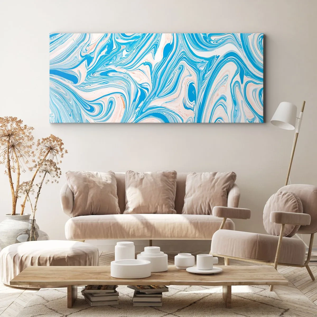 Impression sur toile - Image sur toile - Tourbillons abstraits de style marbre bleu et blanc - 120x50cm - Bassin turquoise - Décoration murale moderne pour le salon et la chambre ARTTOR