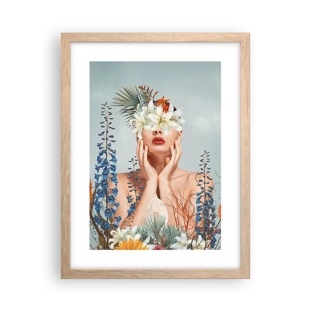 Affiche dans un chêne clair - Poster - Femme - fleur - 30x40 cm
