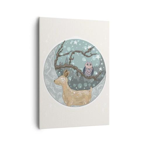 Impression sur toile - Image sur toile - Un cerf et un hibou dans un paysage nocturne de conte de fées - 50x70cm - Une nuit de conte de fées en forêt - Décoration murale moderne pour le salon et la chambre ARTTOR