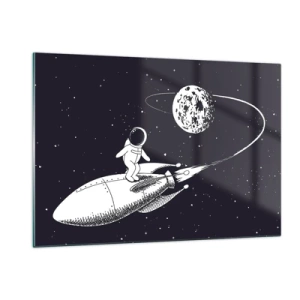 Impression sur verre - Image sur verre - Astronaute de dessin animé surfant dans l'espace sur une fusée - 120x80cm - Surfeur de l'espace - Décoration murale moderne pour le salon et la chambre ARTTOR