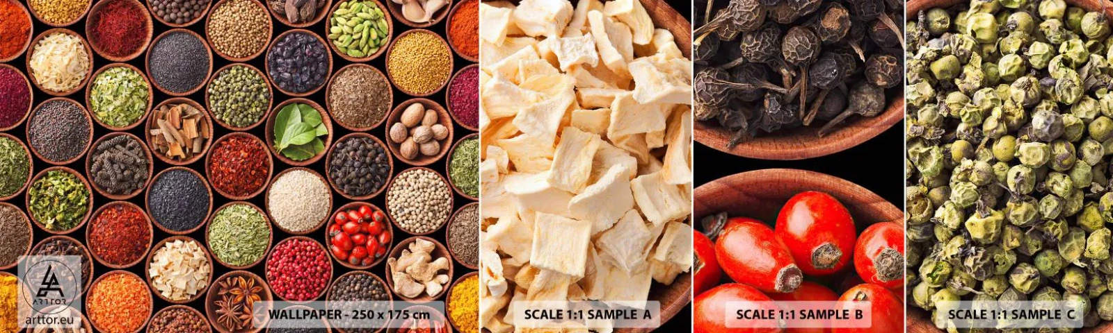 Échantillon De Papier Peint Standard Eco - Toutes les saveurs du monde - La gastronomie, Épices, Herbes séchées - 100x30 cm