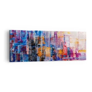 Impression sur toile - Image sur toile - Un panorama coloré de la ville avec des reflets sur l'eau - 140x50cm - Une métropole joyeuse - Décoration murale moderne pour le salon et la chambre ARTTOR