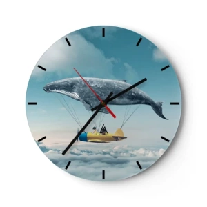 Horloge murale - Pendule murale - Une baleine volante soulevant un avion au-dessus des nuages - 30x30cm - Pourquoi pas? - Décoration murale moderne pour le salon, la cuisine et la chambre ARTTOR