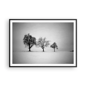 Affiche dans un cadre noir - Poster - Trois arbres dans un champ enneigé dans un style monochrome - 100x70cm - A quoi rêvent-ils? - Décoration murale moderne pour le salon et la chambre ARTTOR