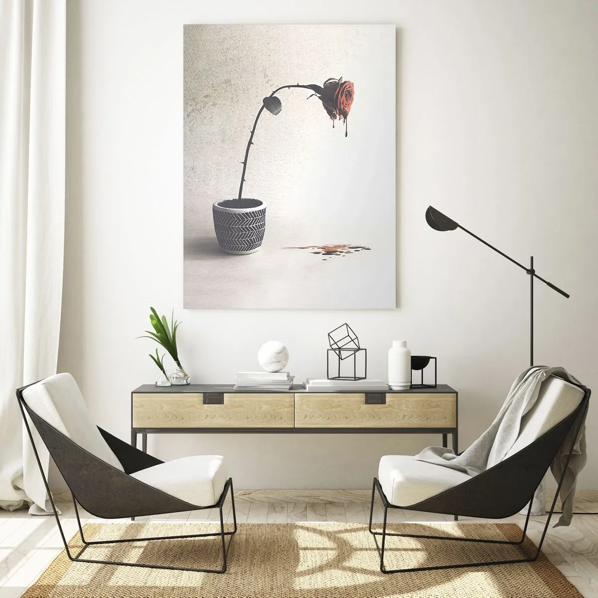 Impression sur verre - Image sur verre - Une rose rouge dans un pot avec des gouttes de colorant sur un fond blanc - 70x100cm - Rosa dolorosa - Décoration murale moderne pour le salon et la chambre ARTTOR