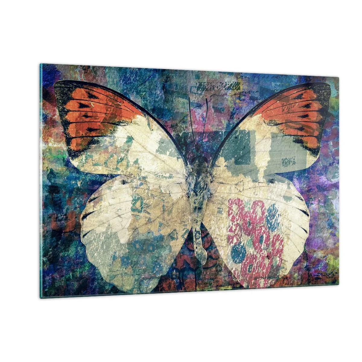 Impression sur verre - Image sur verre - Un papillon coloré sur un fond abstrait dans des tons de bleu et d'orange. - 120x80cm - Fragilité subtile - Décoration murale moderne pour le salon et la chambre ARTTOR