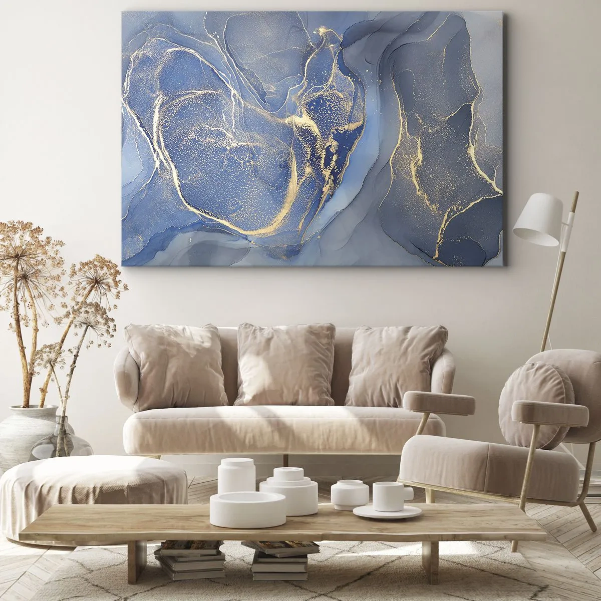 Impression sur toile - Image sur toile - Motifs bleus abstraits avec des accents dorés - 120x80cm - Poussière d'or - Décoration murale moderne pour le salon et la chambre ARTTOR