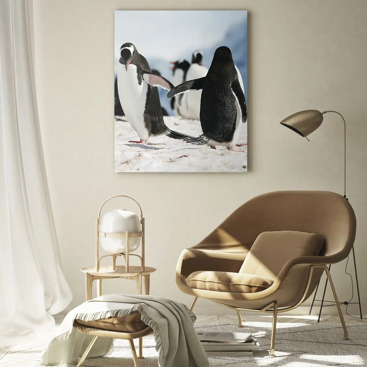 Impression sur verre - Image sur verre - Pingouins dans la neige dans un paysage polaire - 50x70cm - Danser dans la neige - Décoration murale moderne pour le salon et la chambre ARTTOR