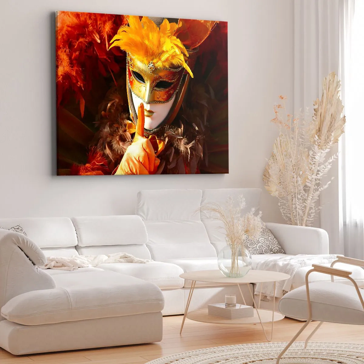 Impression sur toile - Image sur toile - Masque de carnaval aux tons or et orange - 70x50cm - Le secret est une partie du jeu - Décoration murale moderne pour le salon et la chambre ARTTOR