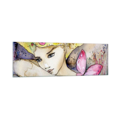 Impression sur verre - Image sur verre - Une femme avec une coiffure abstraite et un papillon rose - 160x50cm - La princesse papillon - Décoration murale moderne pour le salon et la chambre ARTTOR