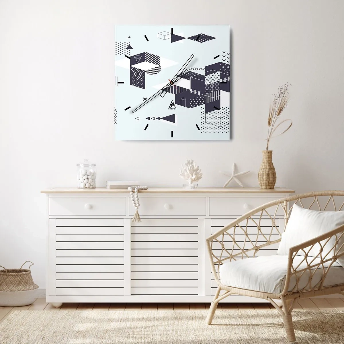 Horloge murale - Pendule murale - Graphismes géométriques modernes dans des tons de blanc et de bleu marine - 30x30cm - Dans l'âme d'un mathématicien - Décoration murale moderne pour le salon et la chambre ARTTOR