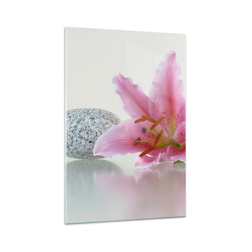 Impression sur verre - Image sur verre - Fleur de lys rose avec des pierres sur un fond clair - 70x100cm - Étude de rose, gris et blanc - Décoration murale moderne pour le salon et la chambre ARTTOR