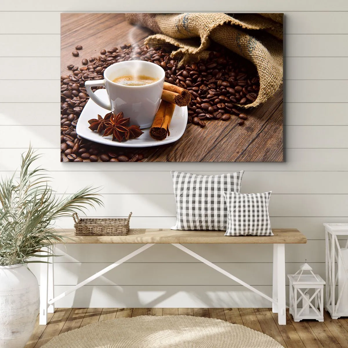 Impression sur toile - Image sur toile - Une tasse de café à la cannelle et à l'anis sur un fond de grains de café - 120x80cm - Saveur et arôme épicés - Décoration murale moderne pour le salon et la chambre ARTTOR