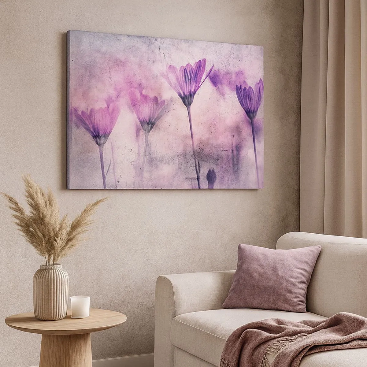 Impression sur toile - Image sur toile - Fleurs délicates dans des tons violets sur fond clair - 70x50cm - Rêve de fleurs - Décoration murale moderne pour le salon et la chambre ARTTOR