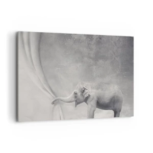 Impression sur toile - Image sur toile - Un éléphant tire le rideau dans une photo surréaliste en noir et blanc - 100x70cm - Révéler le mystère - Décoration murale moderne pour le salon et la chambre ARTTOR
