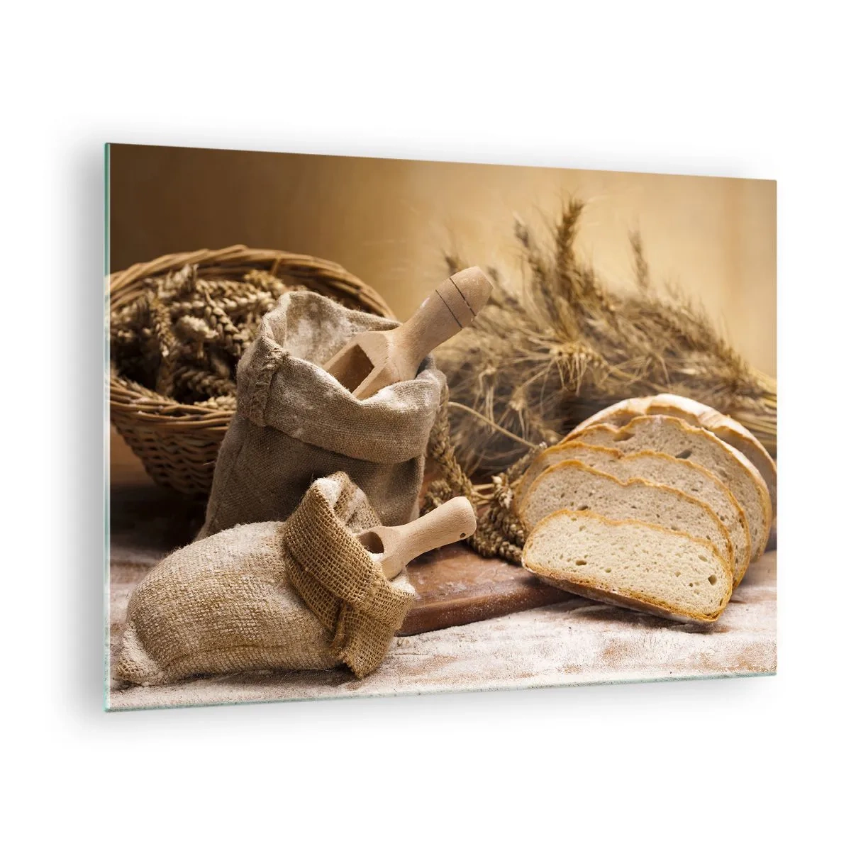 Impression sur verre - Image sur verre - Pain, farine et épis de céréales dans un style rustique - 70x50cm - Comment il coupe avec un couteau - Décoration murale moderne pour le salon et la chambre ARTTOR