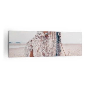 Impression sur toile - Image sur toile - Femme de style bohème avec guitare sur la plage - 160x50cm - Enfant de fleur en route - Décoration murale moderne pour le salon et la chambre ARTTOR