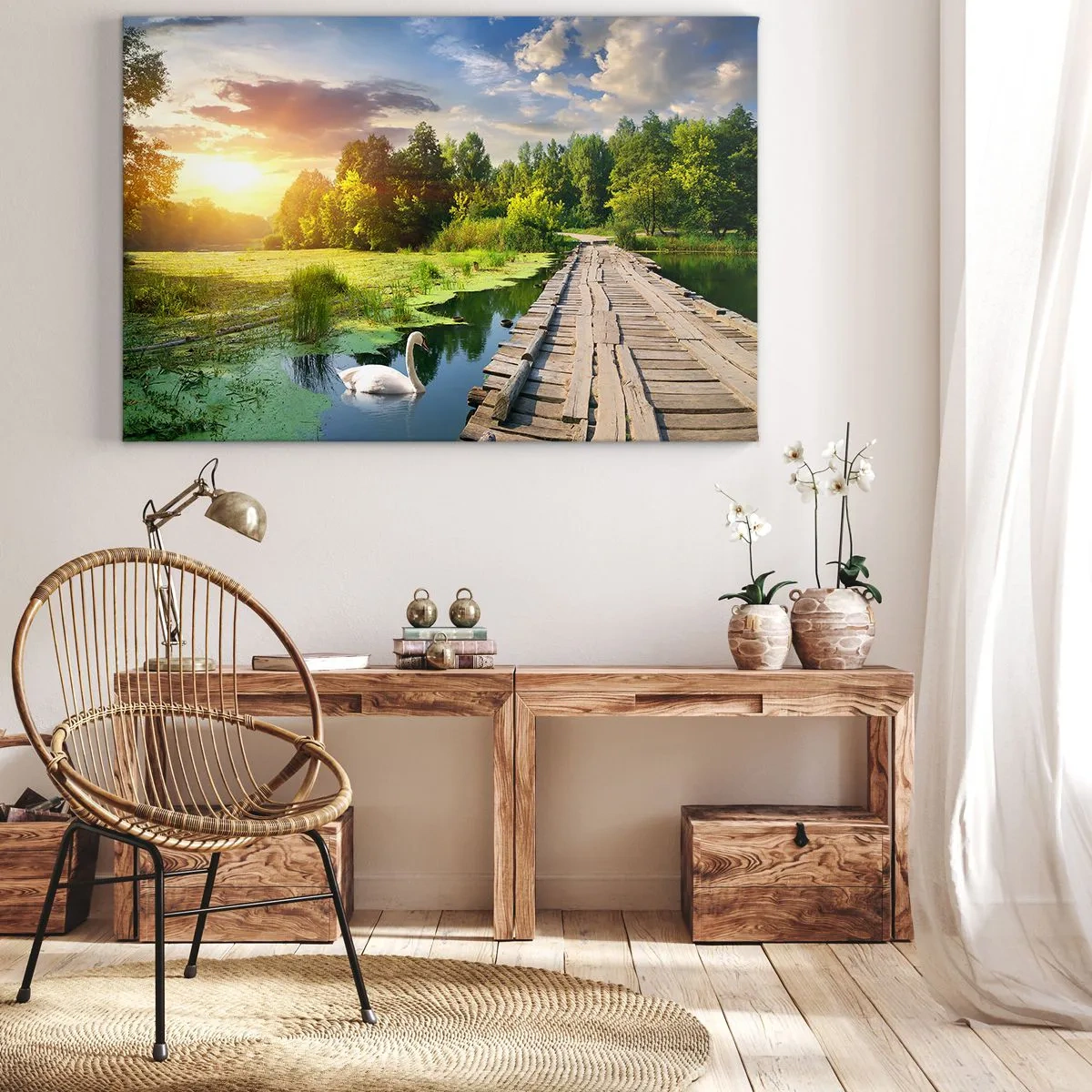 Impression sur toile - Image sur toile - Un paysage pittoresque avec un pont et un cygne - 70x50cm - L'été, l'été partout - Décoration murale moderne pour le salon et la chambre ARTTOR