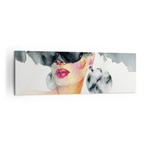 Impression sur toile - Image sur toile - Une femme portant des lunettes élégantes et de grandes boucles d'oreilles - 160x50cm - Secret de l'élégance - Décoration murale moderne pour le salon et la chambre ARTTOR