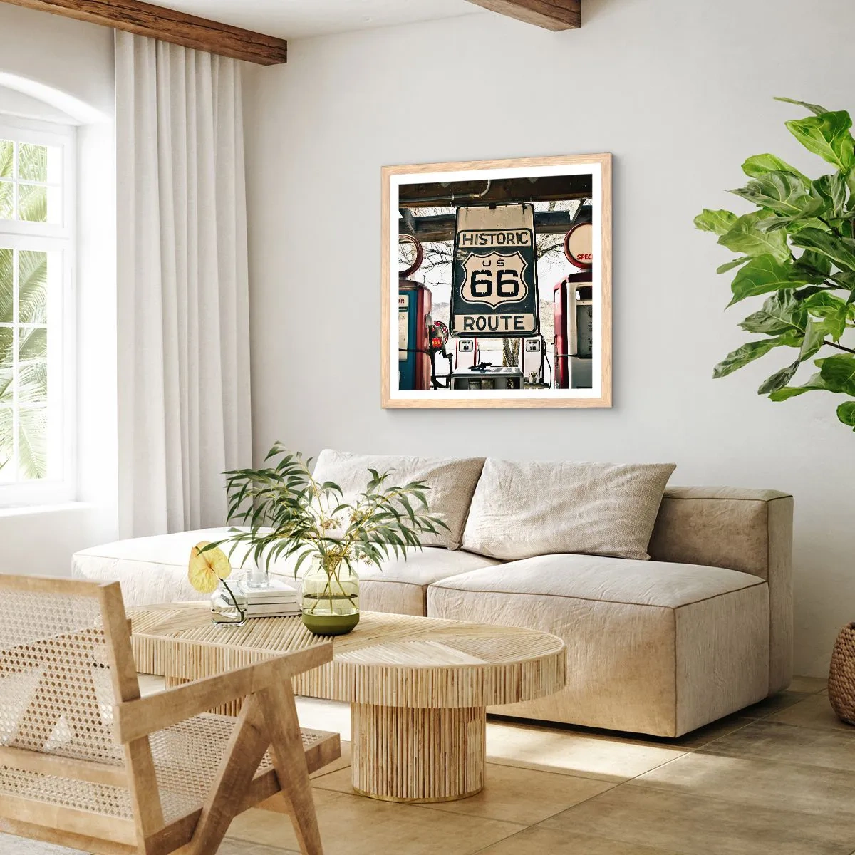 Affiche dans un chêne clair - Poster - Voyage rétro américain - 60x60 cm