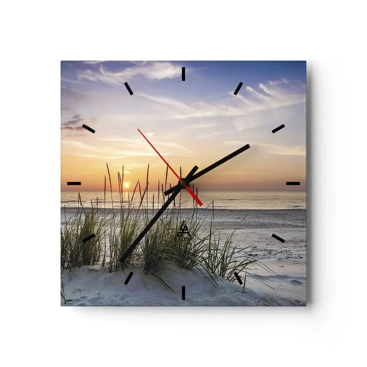 Horloge murale - Pendule murale - Une plage de sable au coucher du soleil avec de l'herbe en arrière-plan - 30x30cm - Regarde, pense, ressent - Décoration murale moderne pour le salon et la chambre ARTTOR