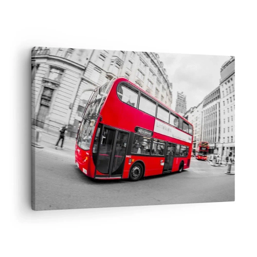 Impression sur toile - Image sur toile - Un bus londonien rouge sur fond de rue noire et blanche - 70x50cm - Londres traditionnellement - en bus - Décoration murale moderne pour le salon et la chambre ARTTOR