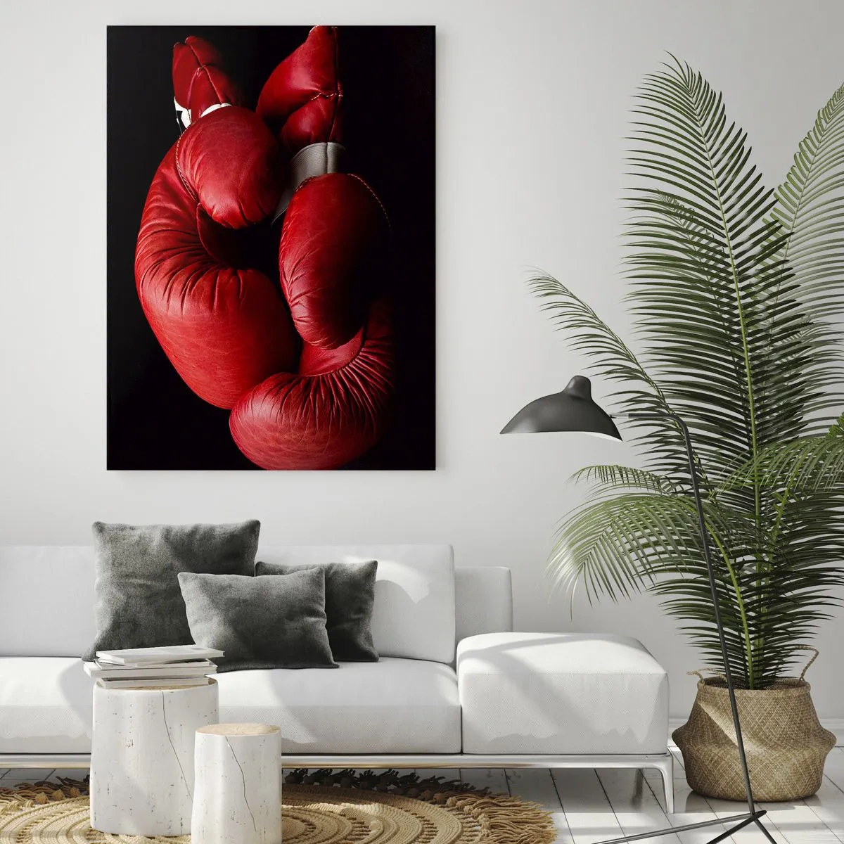 Impression sur verre - Image sur verre - Gants de boxe rouges sur fond noir - 50x70cm - Les émotions du combat sont derrière nous - Décoration murale moderne pour le salon et la chambre ARTTOR