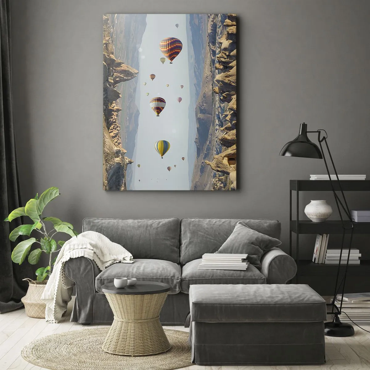 Impression sur toile - Image sur toile - Ballons colorés au-dessus d'un paysage rocheux - 50x70cm - Ici, tout est possible - Décoration murale moderne pour le salon et la chambre ARTTOR