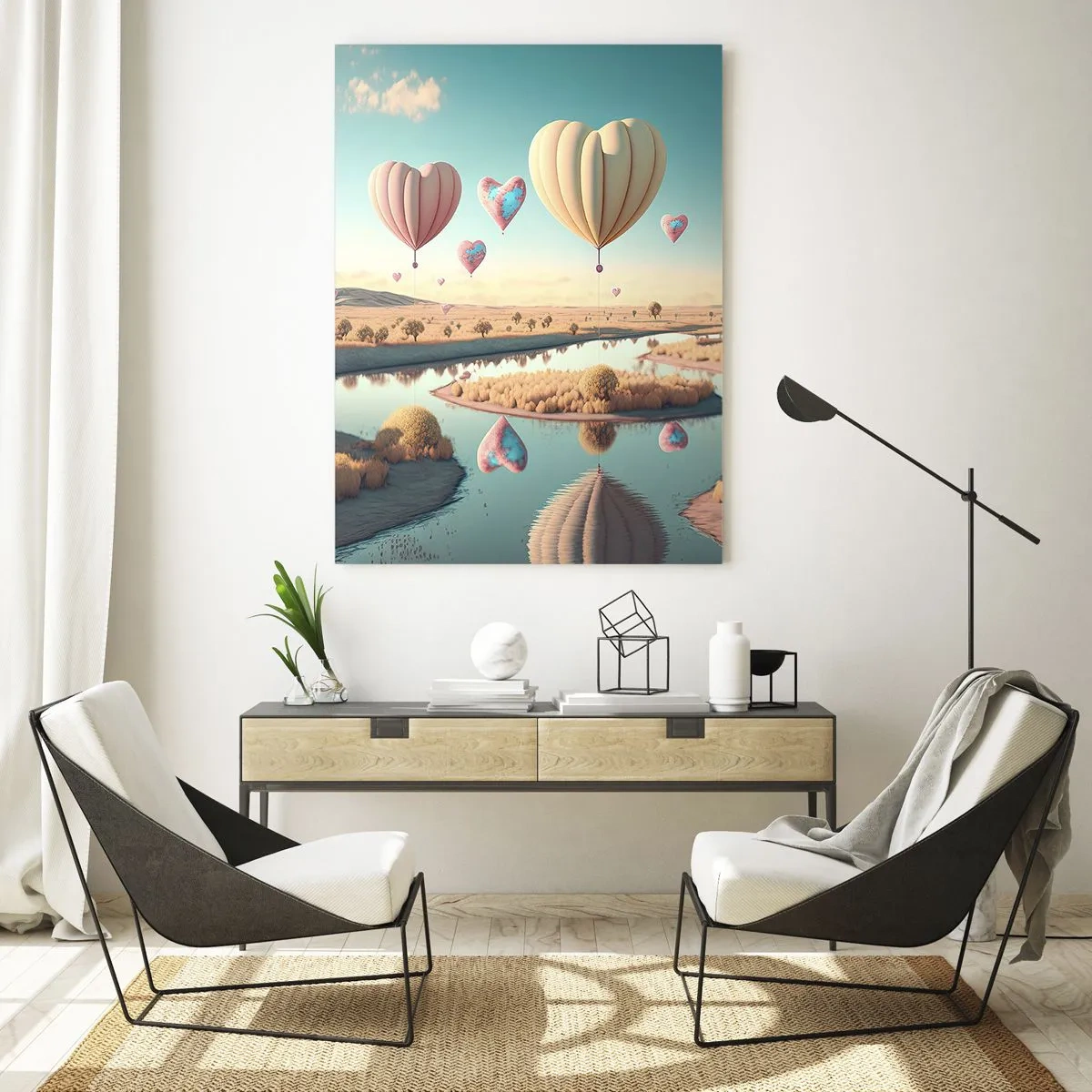 Impression sur verre - Image sur verre - Ballons en forme de cœur au-dessus d'un paysage de conte de fées avec une rivière - 50x70cm - L'amour te permet de t'élever - Décoration murale moderne pour le salon et la chambre ARTTOR