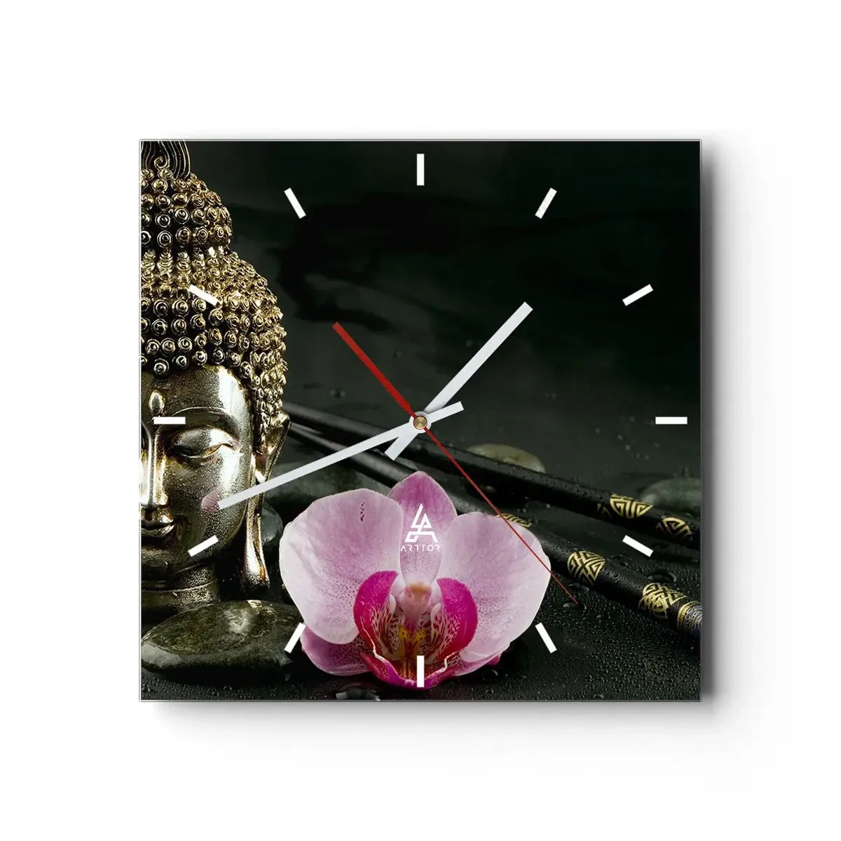 Horloge murale - Pendule murale - Une statuette de Bouddha avec une orchidée et des baguettes sur un fond de pierres - 30x30cm - Harmonie de la sagesse et de la beauté - Décoration murale moderne pour le salon et la chambre ARTTOR