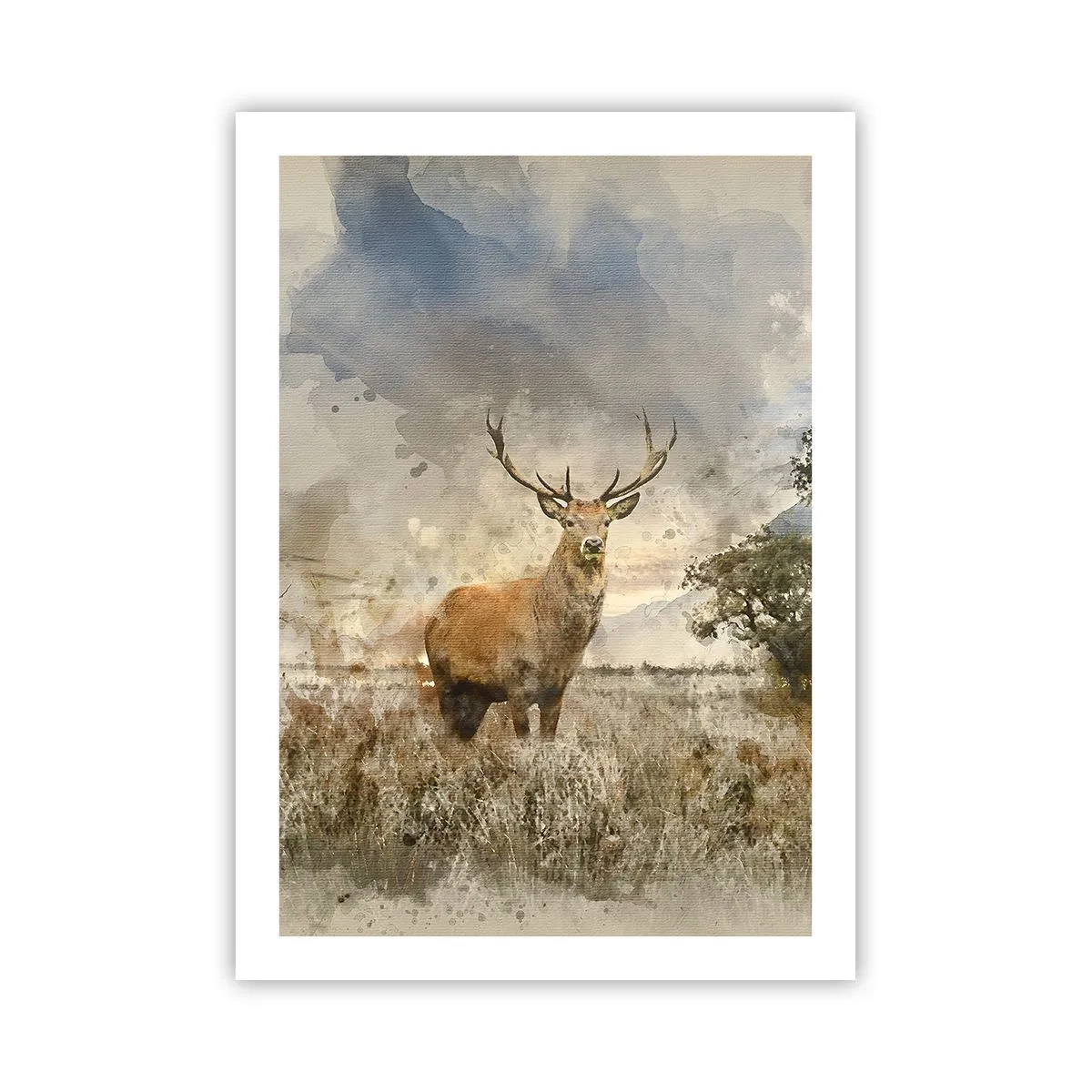 Affiche - Poster - Cerf sur fond naturel dans un style pictural - 50x70cm - Dignité - force - majesté - Décoration murale moderne pour le salon et la chambre ARTTOR