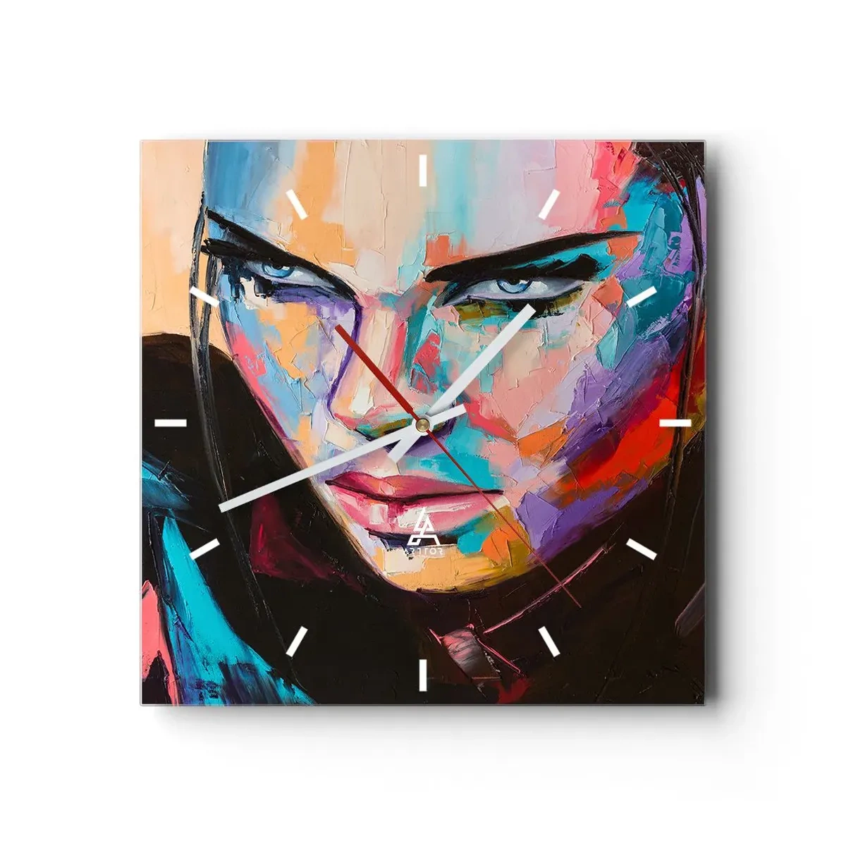 Horloge murale - Pendule murale - Portrait d'une femme aux couleurs abstraites vives - 30x30cm - Le coeur sauvageon - Décoration murale moderne pour le salon et la chambre ARTTOR