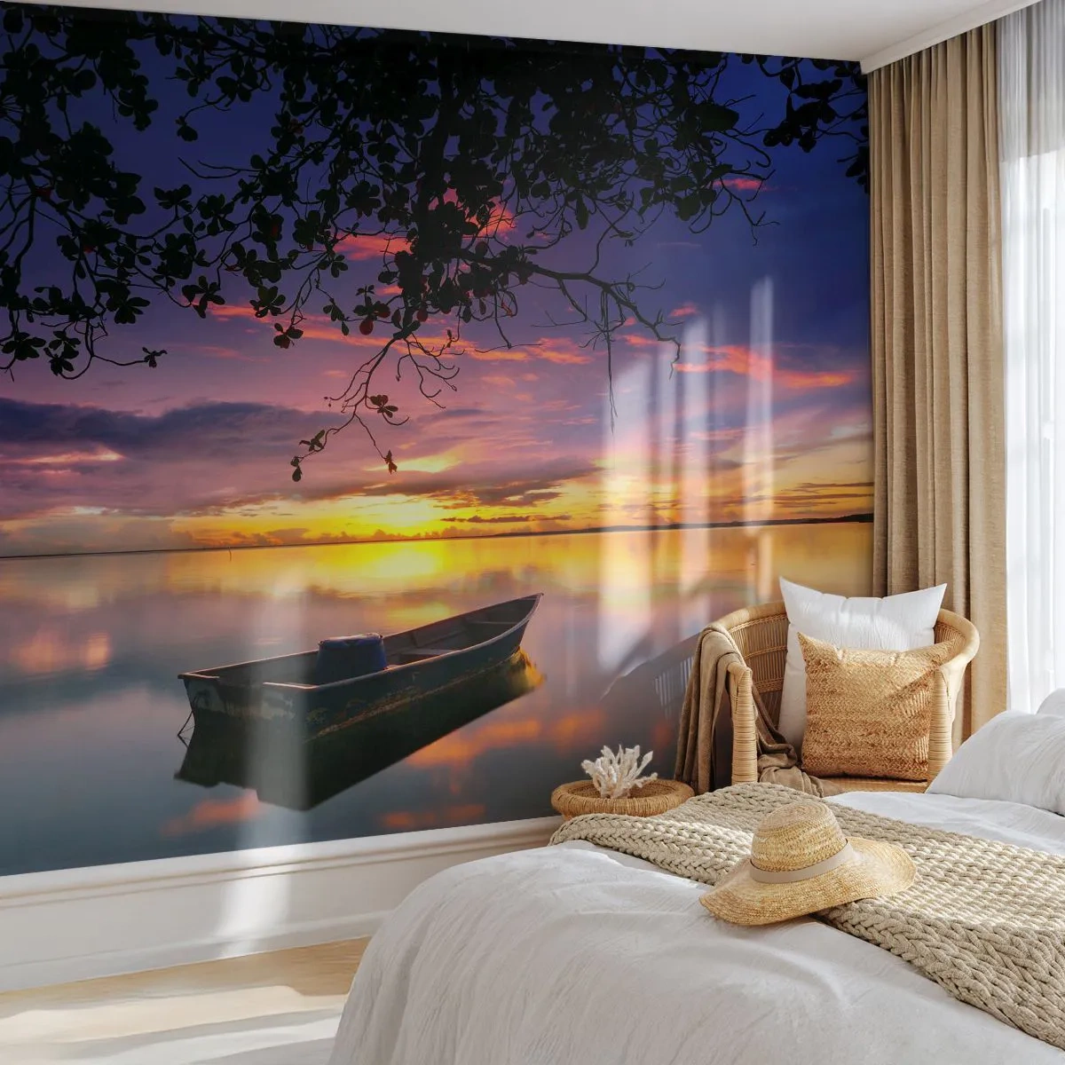 Papier Peint Autocollant Deluxe Sticker - "Tu sembles suspendu au milieu du ciel..." - Paysage, Coucher de soleil, Lac - 250x175 cm