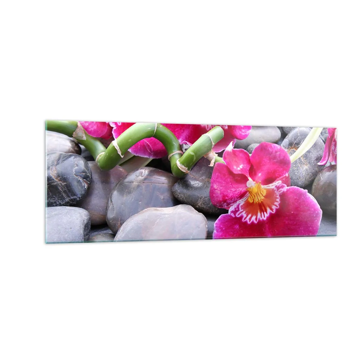 Impression sur verre - Image sur verre - Orchidées roses sur fond de pierres lisses - 140x50cm - Refroidir et chauffer - Décoration murale moderne pour le salon et la chambre ARTTOR