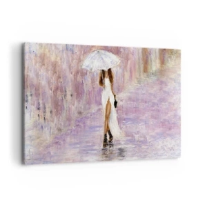 Impression sur toile - Image sur toile - Une femme avec un parapluie marchant sous la pluie dans des tons lilas - 120x80cm - Sous la pluie lilas - Décoration murale moderne pour le salon et la chambre ARTTOR