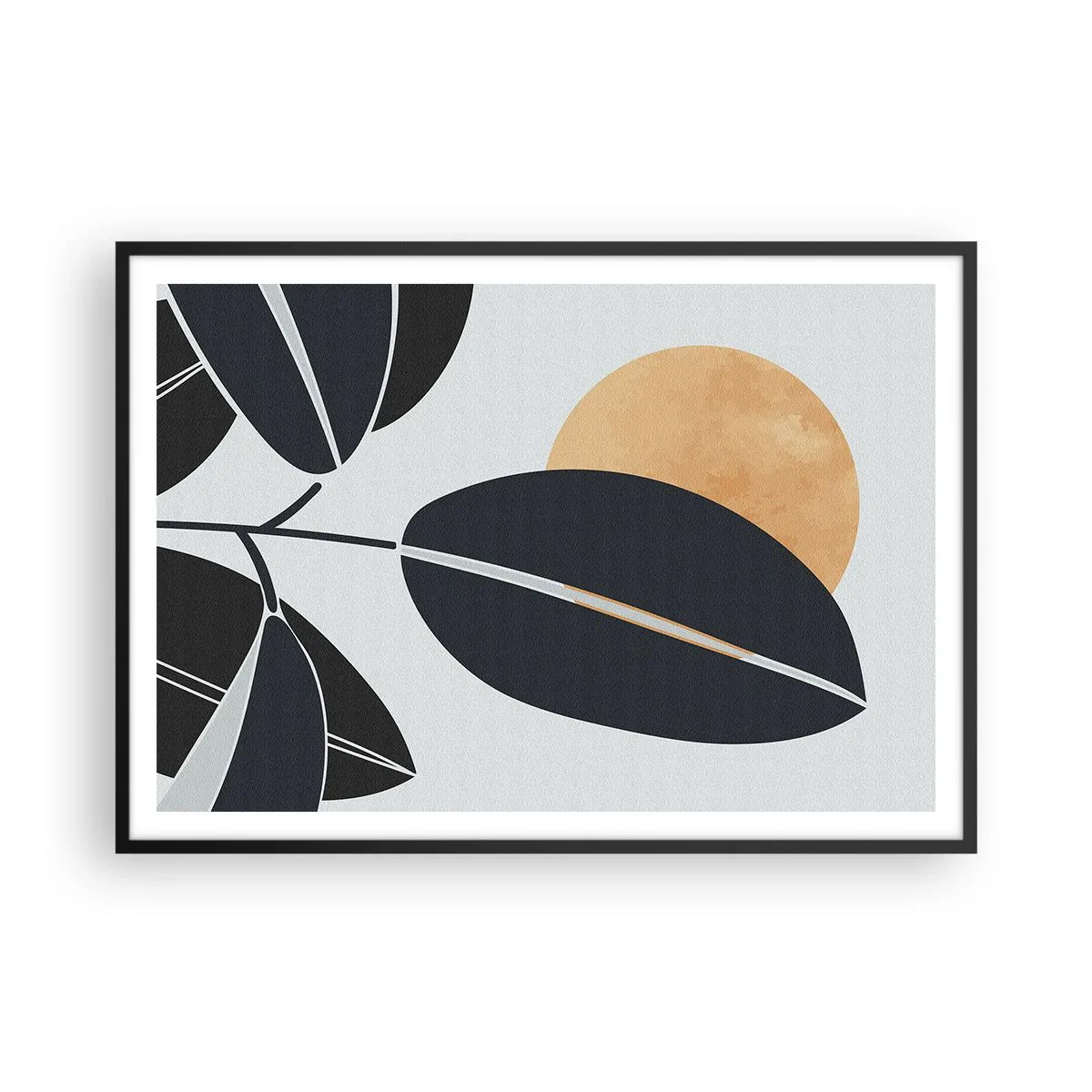 Affiche dans un cadre noir - Poster - Un motif de feuille minimaliste avec un soleil brillant en arrière-plan. - 100x70cm - Une chaude journée d'été - Décoration murale moderne pour le salon et la chambre ARTTOR