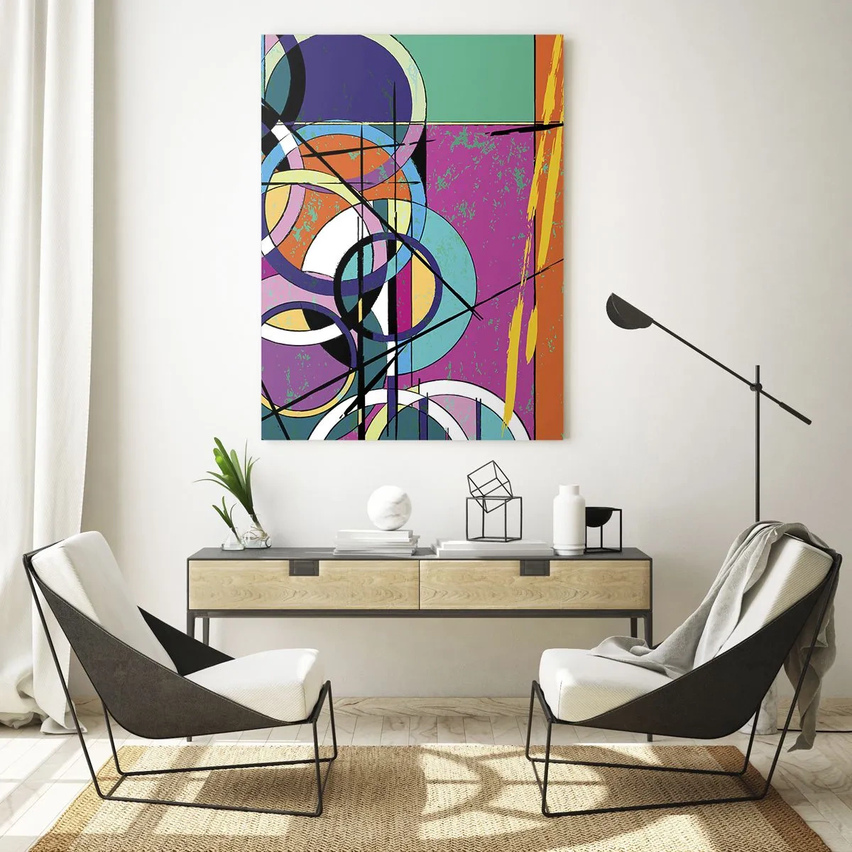 Impression sur verre - Image sur verre - Abstraction colorée avec des cercles géométriques - 70x100cm - Roues sur roues - Décoration murale moderne pour le salon et la chambre ARTTOR