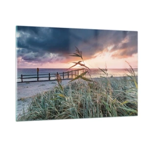 Impression sur verre - Image sur verre - La plage au coucher du soleil avec vue sur la jetée, entourée d'herbe - 120x80cm - Ça ne passe pas avec le vent - Décoration murale moderne pour le salon et la chambre ARTTOR