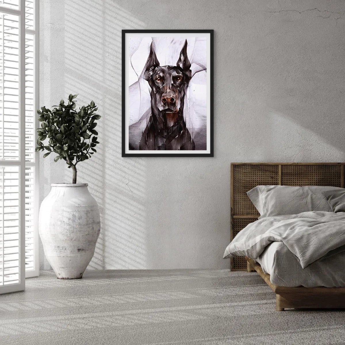 Affiche dans un cadre noir - Poster - Portrait artistique d'un chien noir dans un style géométrique - 50x70cm - Né noble - Décoration murale moderne pour le salon et la chambre ARTTOR