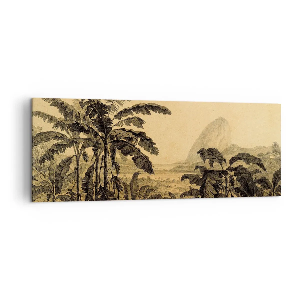 Impression sur toile - Image sur toile - Dessin de bananiers sur fond de paysage tropical - 140x50cm - Dans un climat colonial - Décoration murale moderne pour le salon et la chambre ARTTOR