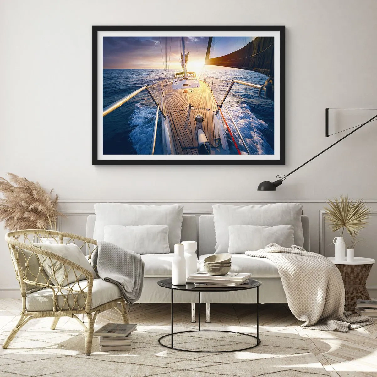 Affiche dans un cadre noir - Poster - Yacht en mer au coucher du soleil - 100x70cm - Courir sur les vagues - Décoration murale moderne pour le salon et la chambre ARTTOR