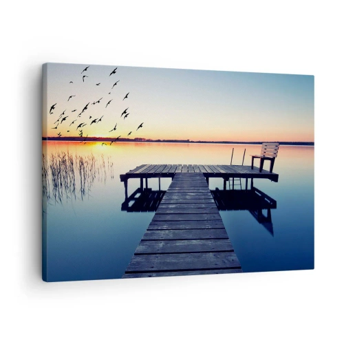 Impression sur toile - Image sur toile - Jetée en bois sur un lac au lever du soleil avec des oiseaux - 70x50cm - C'était une bonne journée - Décoration murale moderne pour le salon et la chambre ARTTOR