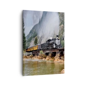 Impression sur toile - Image sur toile - Une locomotive à vapeur sur un pont dans un paysage de montagne pittoresque - 50x70cm - Et lui jusqu'où? Jusqu'où? - Décoration murale moderne pour le salon et la chambre ARTTOR