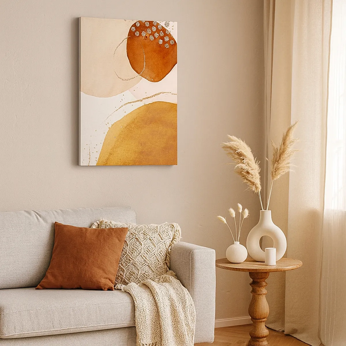 Impression sur toile - Image sur toile - Formes abstraites dans des tons chauds de marron et d'or - 50x70cm - Rondeur et mouvement - Décoration murale moderne pour le salon et la chambre ARTTOR