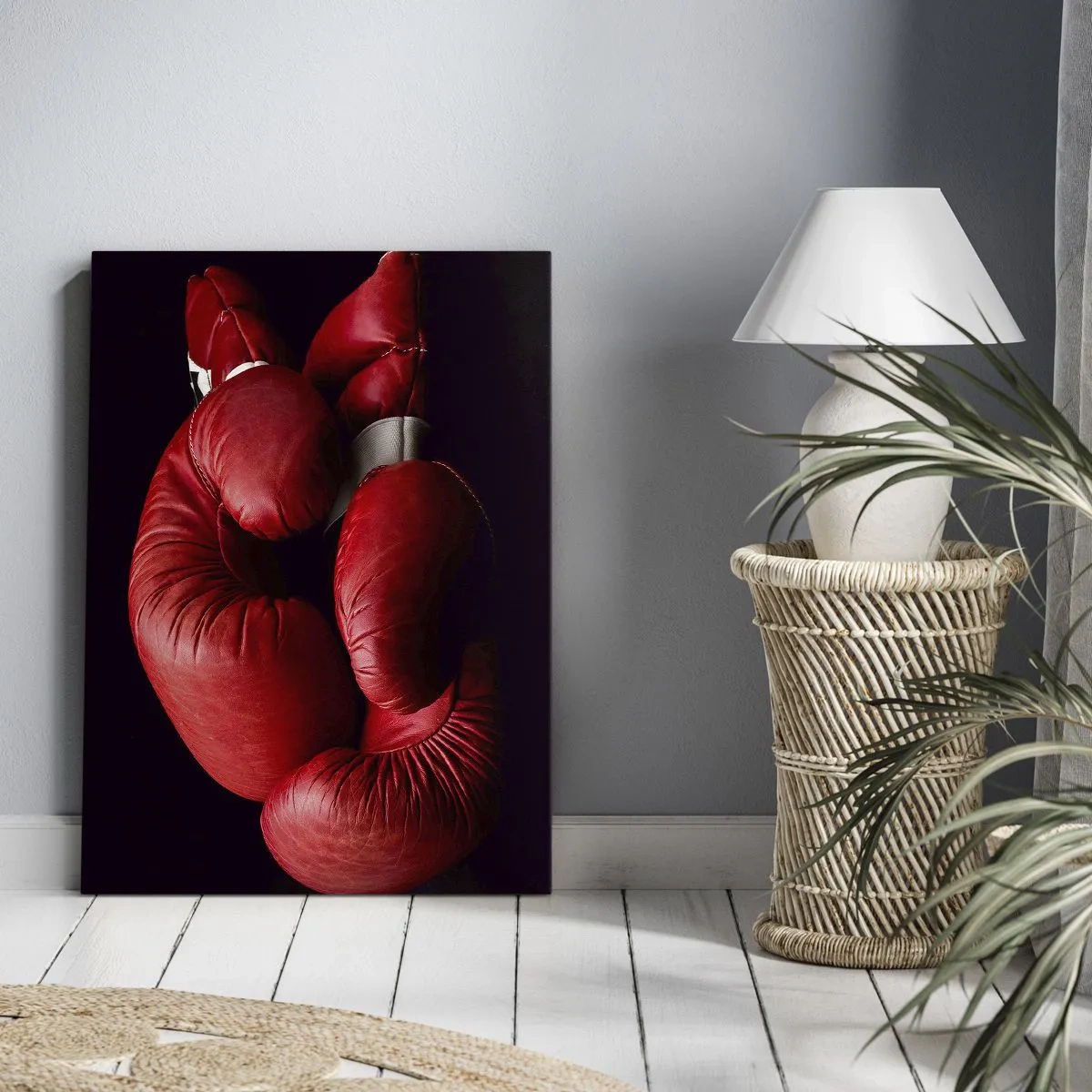 Impression sur toile - Image sur toile - Gants de boxe rouges sur fond noir - 80x120cm - Les émotions du combat sont derrière nous - Décoration murale moderne pour le salon et la chambre ARTTOR