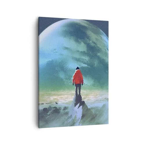 Impression sur toile - Image sur toile - Un homme portant une veste rouge debout devant une grande planète avec des étoiles en arrière-plan. - 50x70cm - Explorateur de la nouvelle terre - Décoration murale moderne pour le salon et la chambre ARTTOR