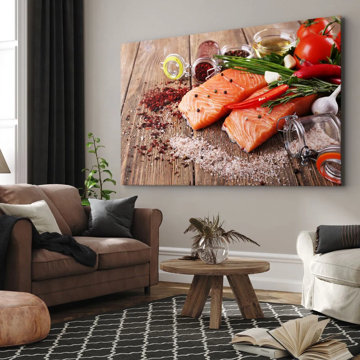 Impression sur toile - Image sur toile - Filets de saumon aux épices sur fond de bois - 100x70cm - Aventure norvégienne dans la cuisine - Décoration murale moderne pour le salon et la chambre ARTTOR