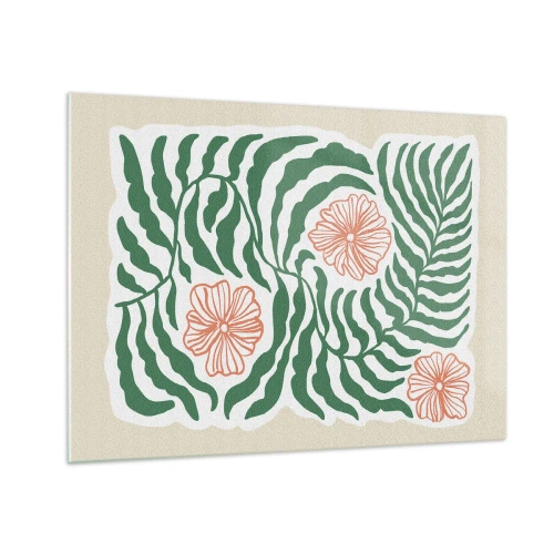 Impression sur verre - Image sur verre - Feuilles vertes et fleurs rouges dans un arrangement graphique - 70x50cm - Fleurit en vert - Décoration murale moderne pour le salon et la chambre ARTTOR
